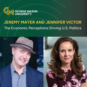 Graphic of Jeremy Mayer and Jennifer Victor on green ombre background with the podcast title and the George Mason logo. 